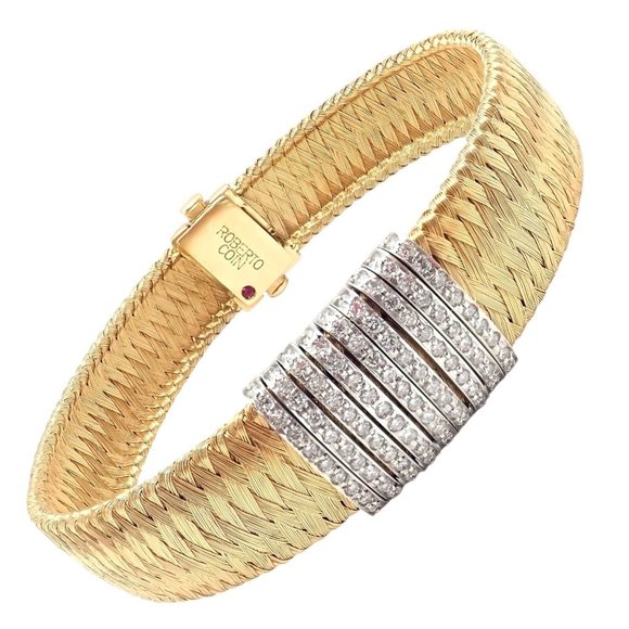 Authentic! Roberto Coin 18k Yellow Gold 9 Row Diamond Silk Weave Bracelet - Picture 1 of 16